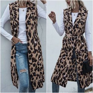 Chic Leopard Trench Vest with Removable Tie (L)